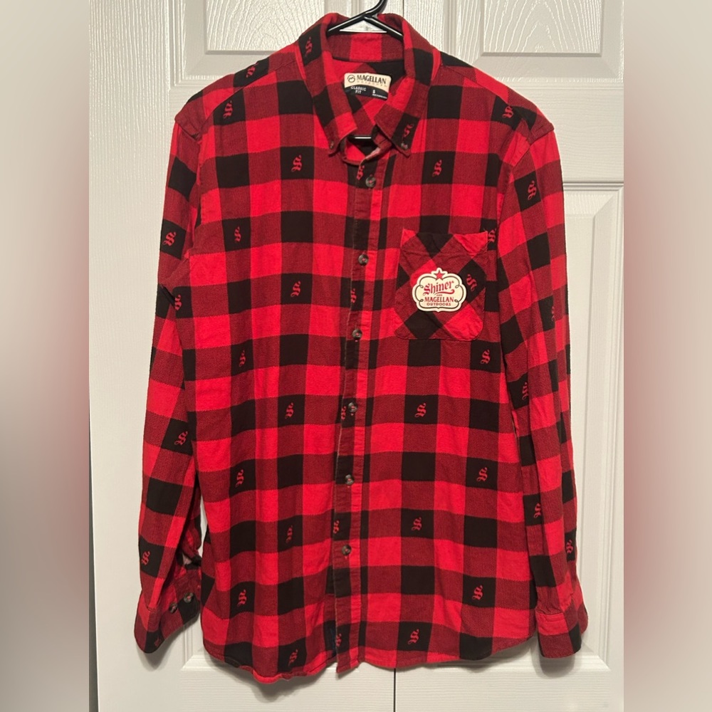Shiner Bock Magellan Outdoors Shirt Mens Large S Flannel Red‎ Black Plaid